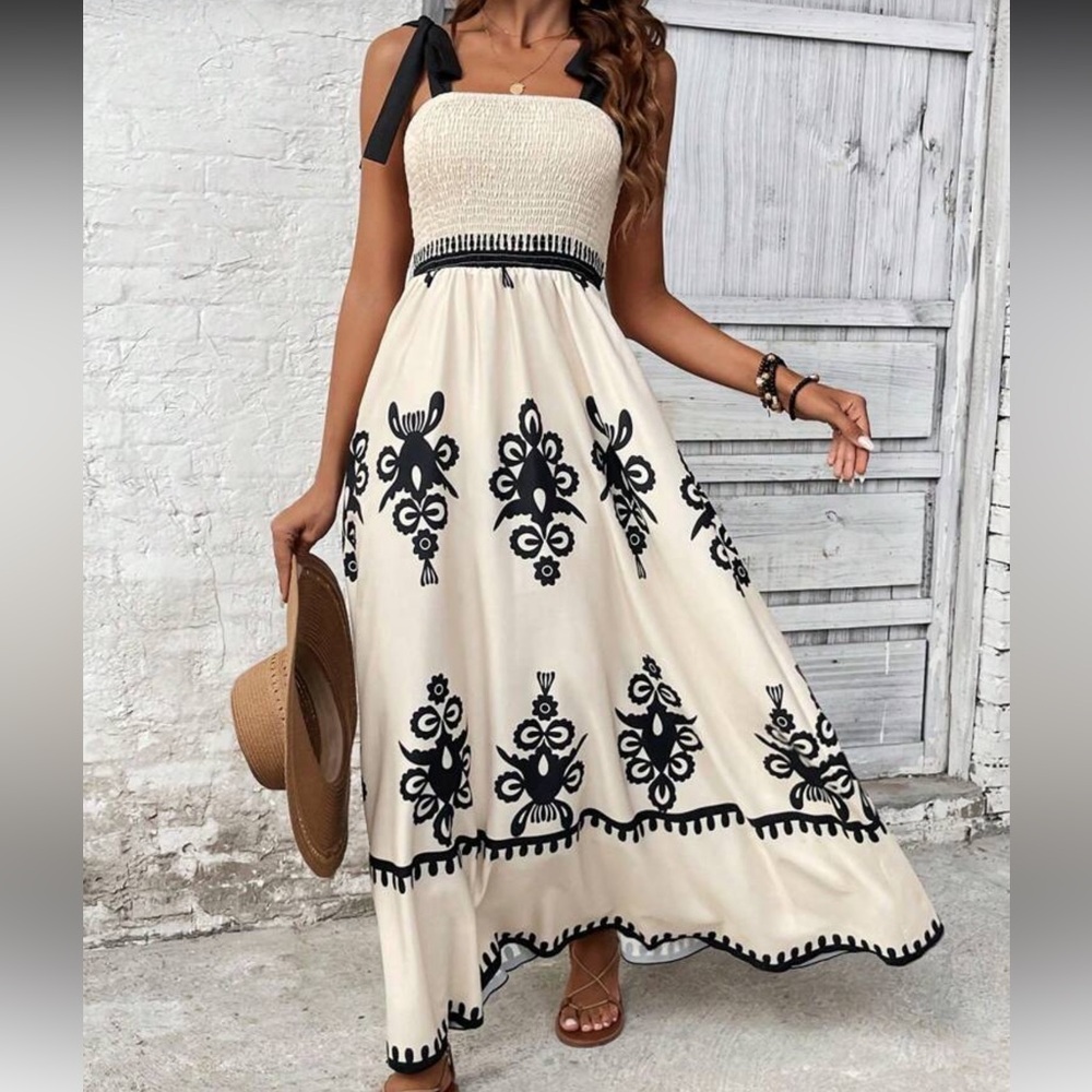 SHEIN Cream Maxi Dress with Black Embroidery